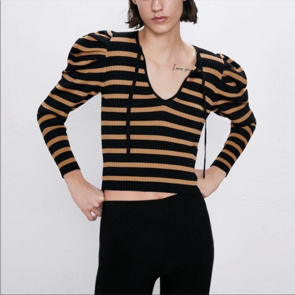 Zara NEW Striped Top Black Tan Dramatic Puff Sleeve Fit Knit Office Romantic